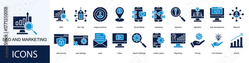 seo and marketing icon collection set. Containing SEO, Seo Tag, target audience, Social Media, marketing icon.