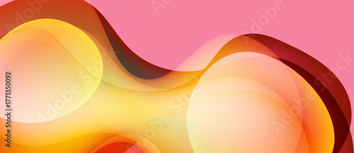 Abstract waves, vibrant colors blend. Orange, yellow hues dominate pink background. Smooth gradients create flowing forms. Modern design.