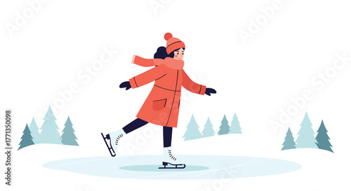 A cheerful young woman in a red coat and hat smiles while gracefully ice skating on a frozen pond surrounded by winter pine trees.