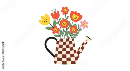 Whimsical illustration of a checkerboard watering can overflowing with a vibrant bouquet of cheerful spring and summer flowers.