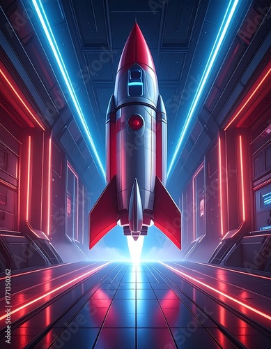 Rocket Launching from Futuristic Hangar with Neon Lights and Reflections.