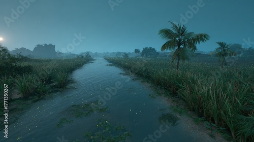 Wallpaper Mural Glowing Plants Along Misty River At Night Torontodigital.ca
