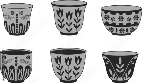 Decorative cup and vase silhouette collection, floral, heart, bird patterns, symmetrical design icons, black graphic set, flat vector illustration