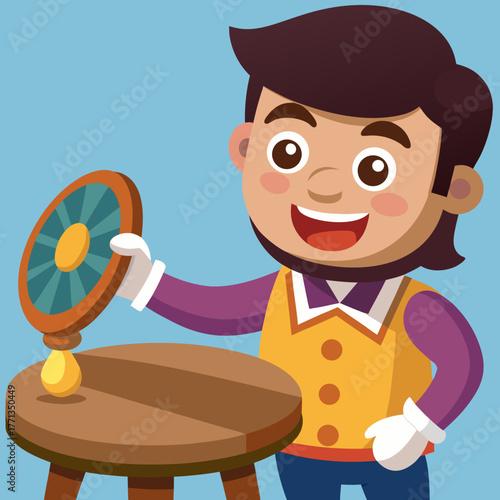Cartoon man performing a magic trick with a circular object