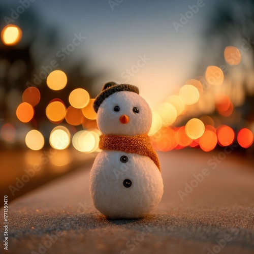 Festive winter snowman adorns an evening avenue with glowing bokeh lights creating a warm and joyful mood