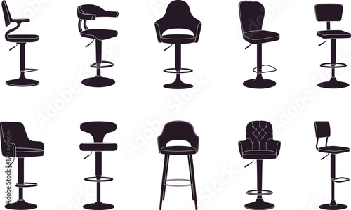 Bar stool silhouette collection, seat, backrest, footrest variations, modern and classic styles, furniture icon set, flat vector illustration