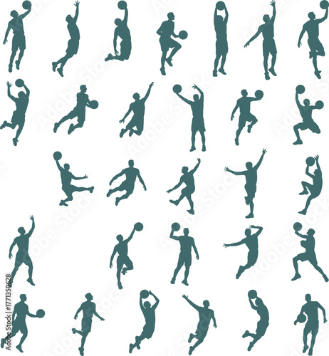 Basketball player silhouette collection, dribbling, shooting, dunking, defending, athletic motion poses, sports icon set, flat vector illustration