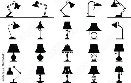 Black silhouette desk lamps, table lamp collection, modern lighting icons, vintage lamp shapes, interior decor elements, home office accessories, flat vector illustration