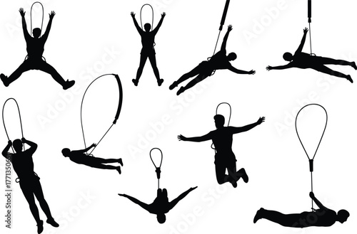 Bungee jumping silhouette, extreme sport vector, adrenaline activity, black figure motion, elastic rope jump, thrilling fall, flat vector illustration