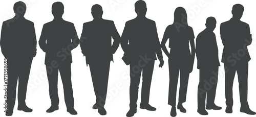 Business team silhouettes, corporate professionals, diverse workforce, teamwork concept, leadership group, office staff, unity in workplace, career people, flat vector illustration