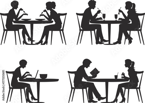 Cafe people silhouette, dining, working, reading, drinking, social interaction, black icon set, flat vector illustration, restaurant, lifestyle, communication