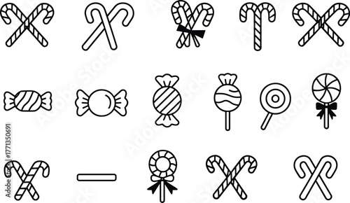 Candy icon collection, candy cane, lollipop, wrapped sweet, festive treat symbols, black and white set, flat vector illustration