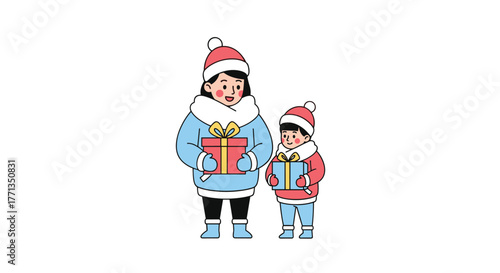 A smiling mother and her child, dressed in warm winter clothing with hats and fur collars, joyfully hold wrapped holiday gifts.