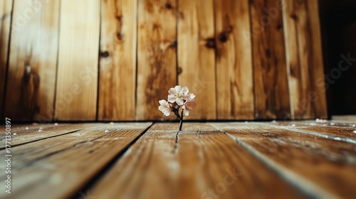 Resilience of nature: A single flower blooms through the cracks of a wooden surface showcasing