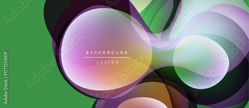 Abstract fluid shapes overlap, creating vibrant color gradients. Green background complements purple, pink, teal hues. Modern design element.