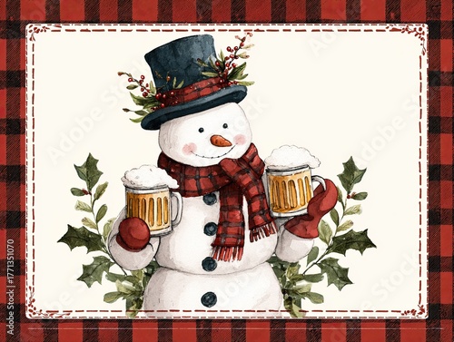 Christmas vintage card design with a snowman holding beer mugs, a top hat, and holly leaves, set on a white background with a burgundy gingham border.