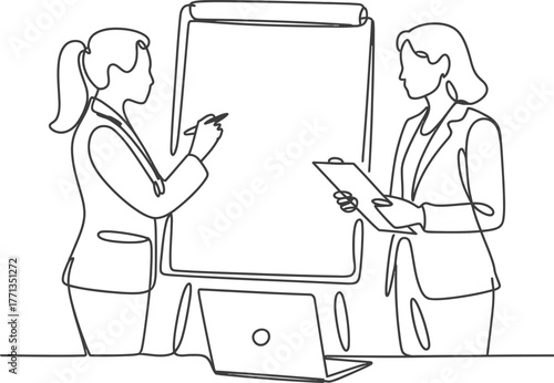Business women meeting presentation whiteboard laptop office teamwork