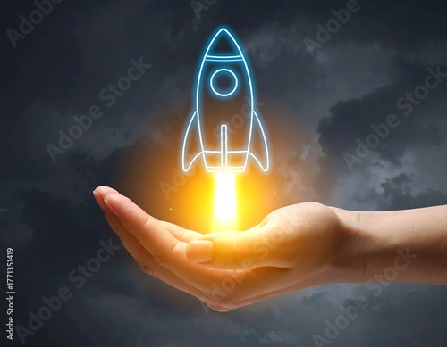 Rocket Launching from Hand - Symbol of Innovation and Startup Success.