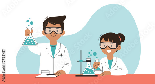 Two happy children wearing lab coats and safety goggles are conducting a science experiment in a laboratory with flasks and beakers.