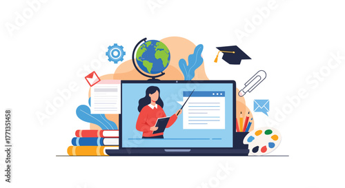 Female teacher conducts an online lesson on a laptop, surrounded by educational symbols, books, and creative tools for digital learning.