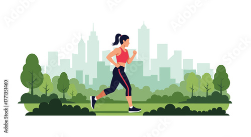 A fit woman in athletic wear enjoys a morning jog in a lush green city park with a modern urban skyline in the background.