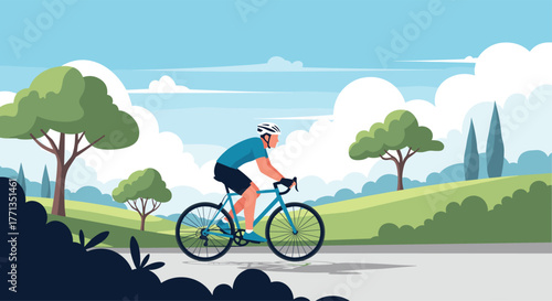 A man cycles on a road through a scenic park with green hills and trees under a blue sky with clouds, depicting an active and healthy lifestyle.