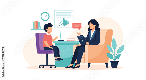 A professional female therapist or counselor conducts a session with a young boy in an office setting, focusing on child psychology and mental health.