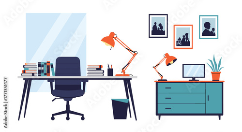 A modern and organized home office setup with two distinct workspaces, complete with a desk, chair, cabinet, and decorative items.