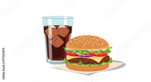 A delicious, classic hamburger with a sesame bun, fresh vegetables, and melted cheese, served alongside a refreshing glass of iced cola.