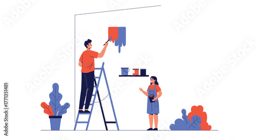 A couple renovates their home by painting a wall with bright colors, the man standing on a ladder and the woman assisting him.