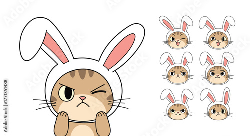 Adorable cartoon tabby cat in a bunny hat displays a playful wink and a range of expressive emotions.