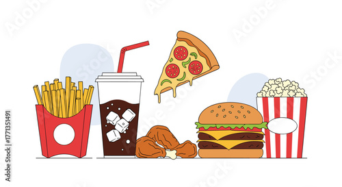 A diverse collection of popular fast food items, including french fries, soda, pizza, fried chicken, a double cheeseburger, and popcorn.