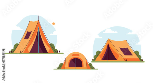 Three distinct orange camping tents pitched outdoors in a cartoonish landscape, perfect for a sunny day adventure illustration.