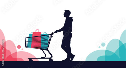 Silhouette of a person pushing a shopping cart full of colorful bags, set against a vibrant abstract background, representing modern retail and consumer spending.