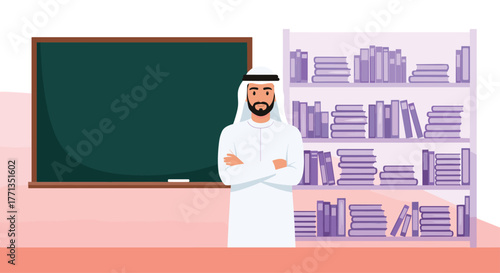 An Arab man in traditional white attire, with a beard and crossed arms, stands in an educational setting featuring a blackboard and a bookshelf.