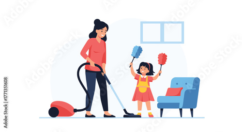 Mother and daughter cheerfully clean their home together, with the mom vacuuming and the child helping with dusting.