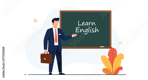 A male teacher or tutor stands by a blackboard displaying \.