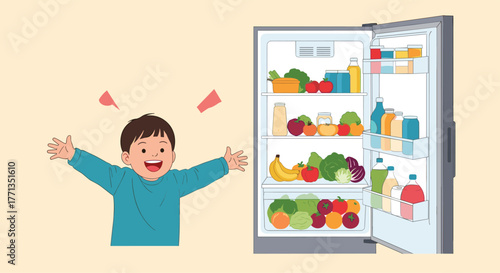 A happy young child joyfully looks at an open refrigerator overflowing with a colorful assortment of fresh fruits, healthy vegetables, and various food items.