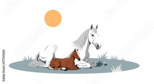 A white mare and her brown foal lie peacefully on the grass under a gentle sun, illustrating an idyllic animal family moment.