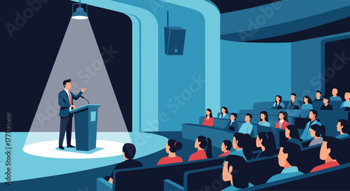 A male speaker delivers a presentation from a podium on a brightly lit stage, addressing an attentive audience seated in a large, dark auditorium.