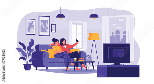 Two young women relaxing on a sofa in a cozy living room, taking a selfie together with a smartphone.