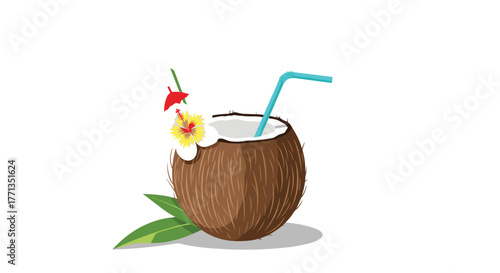 A refreshing tropical coconut drink served in a natural coconut shell with a straw, hibiscus flower, and cocktail umbrella, ready for summer.