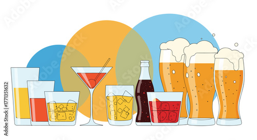 A vibrant illustration of various refreshing drinks like beer, cocktails, juices, and a soda, presented in different glasses and a bottle.