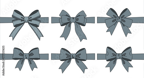 A collection of six different styles of grey-blue ribbon bows, perfect for gift wrapping and decorative elements.