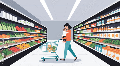 A mother carrying her baby while pushing a shopping cart down a vibrant grocery store aisle filled with fresh produce and various products.