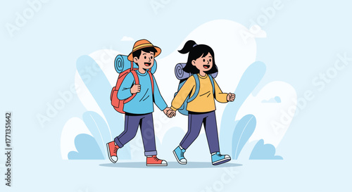 A smiling young couple with backpacks holds hands and walks together on a hiking adventure, depicting travel and companionship.