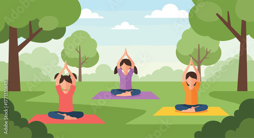 Three young girls practice yoga outdoors on colorful mats in a serene park setting.