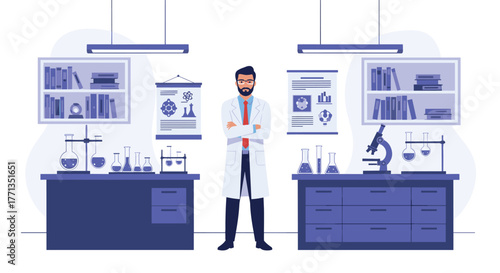A professional male researcher with a beard and glasses stands confidently in a well-equipped science laboratory.