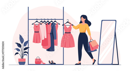 Young woman shopping for new clothes, holding a dress on a hanger and multiple shopping bags in a fashion store.