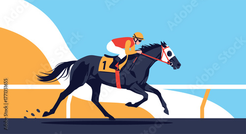 A dark horse with a jockey in red and yellow silks and number one gallops intensely on a sunlit racetrack, showcasing competitive sport.